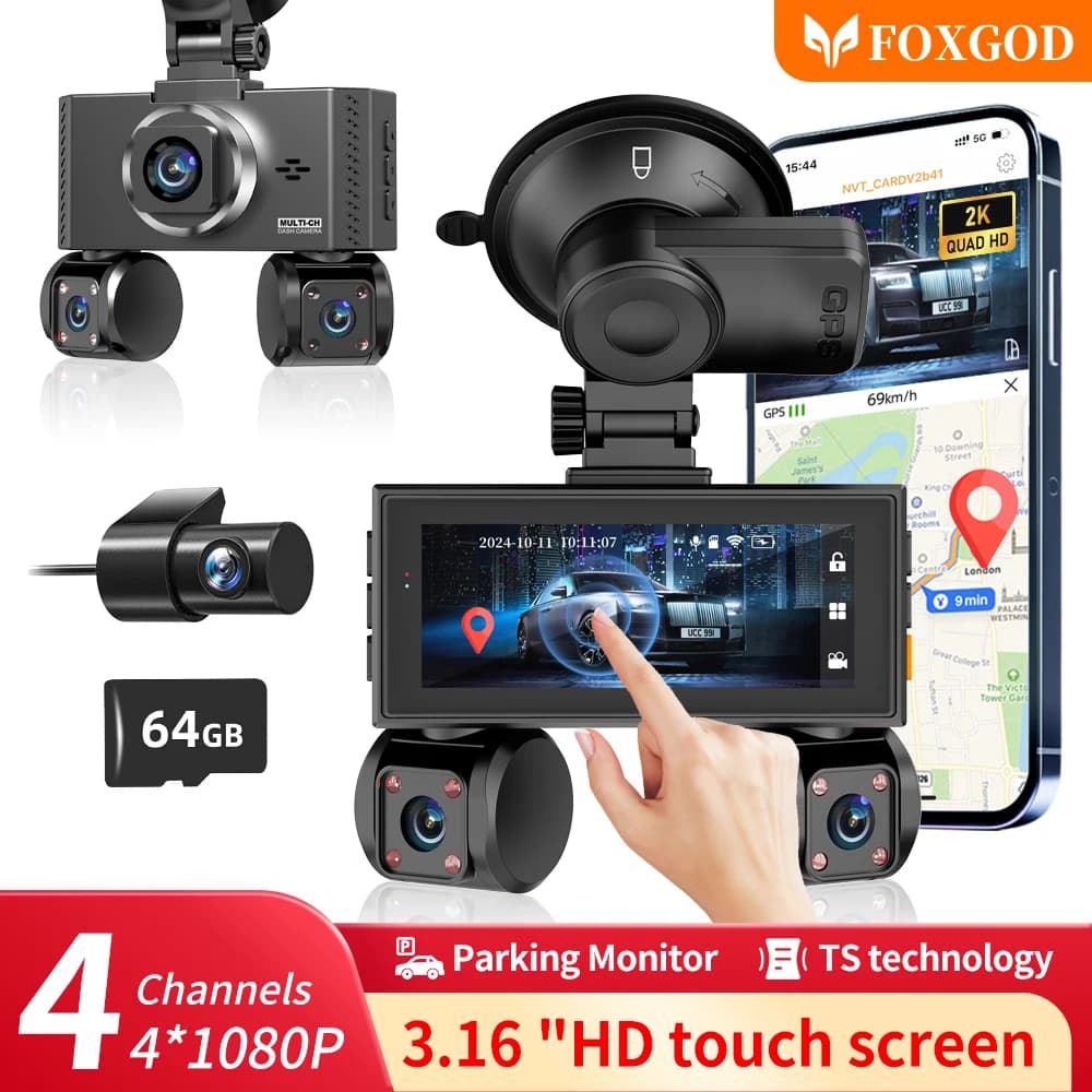 2K QHD 64G 4 canali Dash Cam WiFi integrato GPS 24 ore Monitoraggio del parcheggio DVR per auto G-Sensor Registrazione in loop Visione notturna Scatola nera