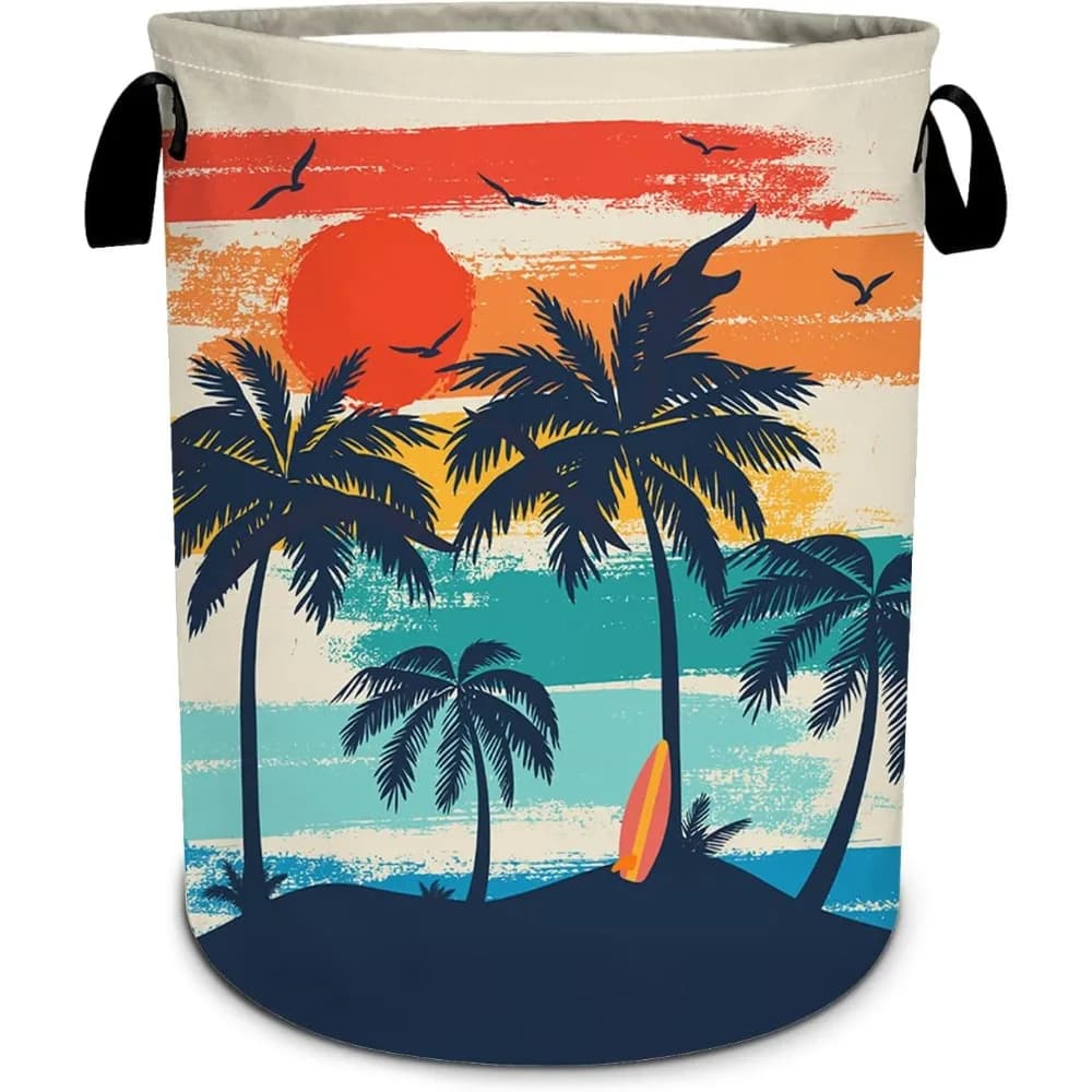 Beach Basket at Sunset, Foldable White Basket, Tote Bag, Bearing Buckle, Toy Organizer, Bathroom/White/Bedroom
