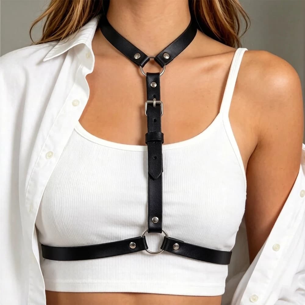 PU Leather Casual Belt Adjustable Gothic Punk Belt with Neck Connection Black Halloween Party Decoration Accessories