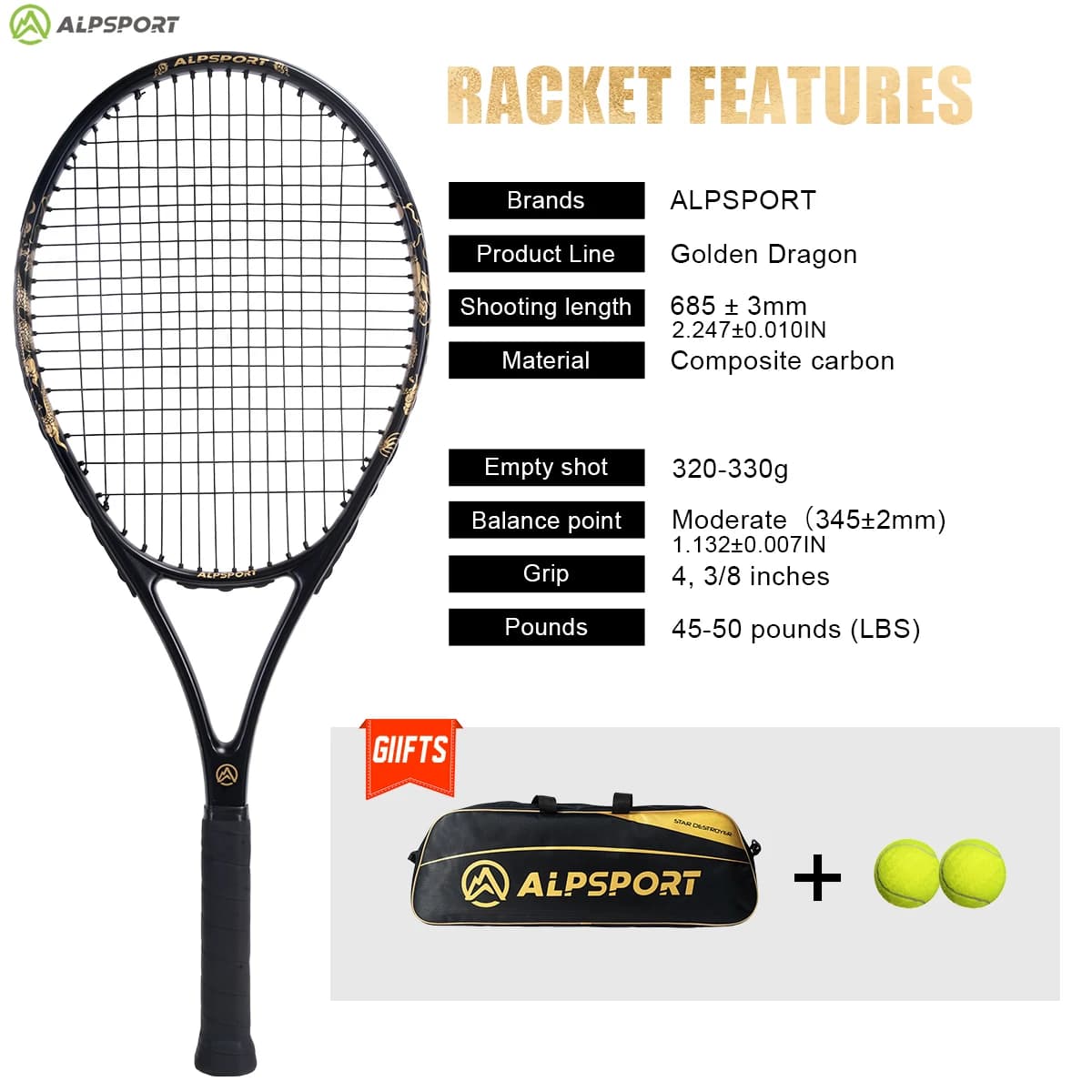 ALPSPORT T800 Racchetta da tennis in fibra di carbonio 18K, racchetta da allenamento professionale con borsa e tracolla regolabile (uomo e donna)