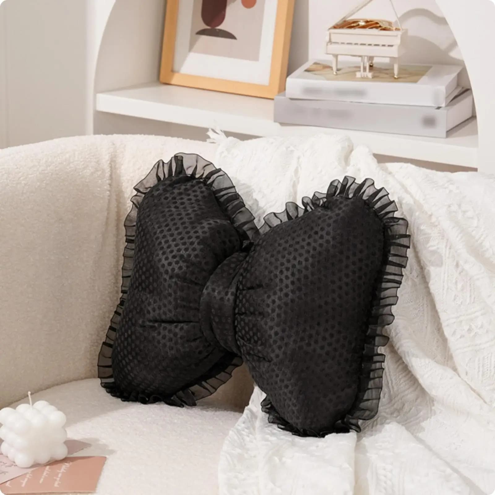 Plush Lace Dot Pillow with Ruffled Trim Decorative Cushion Throw Pillow for Modern Room Aesthetic
