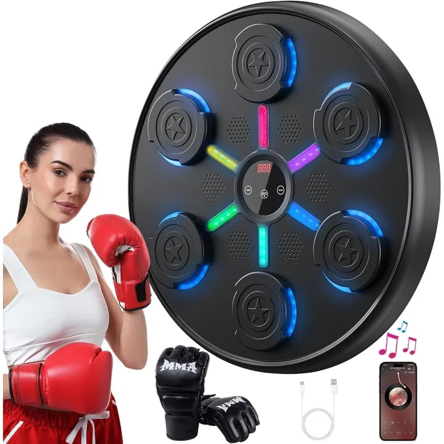 Second generation wall music boxing machine with integrated adult gloves: internal gym with smart Bluetooth musical synchronization