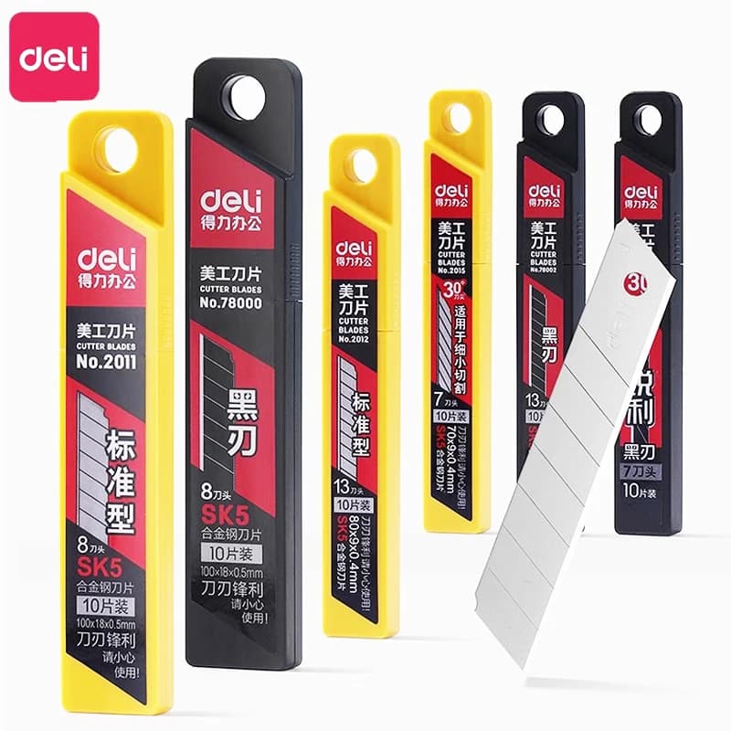 10 lame/1 scatola Deli metallo SK5 lame di coltello Set 9/18mm materiale scolastico per la casa arte artigianale taglio della carta utensile da taglio coltello multiuso