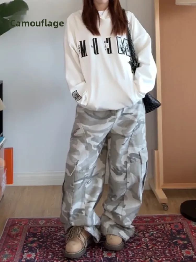 American Style Spicy Girl Workwear Camouflage Wide Leg Denim Jeans Women's Multiple Pockets Loose Slim High Waist Knife Pants