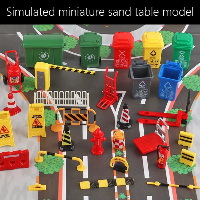 15/17/19Pcs Mini Road Landscape Model Set Trash Can Traffic Cone Barricade Model Kits DIY Micro Street/Garage Layout Diorama