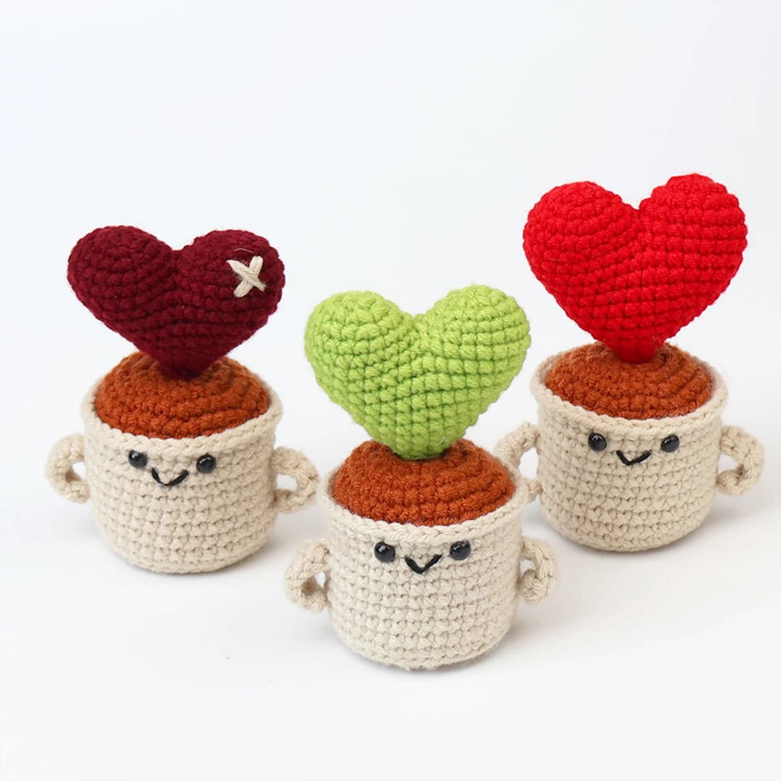Vaso per Fiori Lavorato a Mano, Ornamento a Forma di Cuore Rosso in Maglia, Pianta Finta in Vaso, Regalo per Natale, San Valentino, Festa della Mamma
