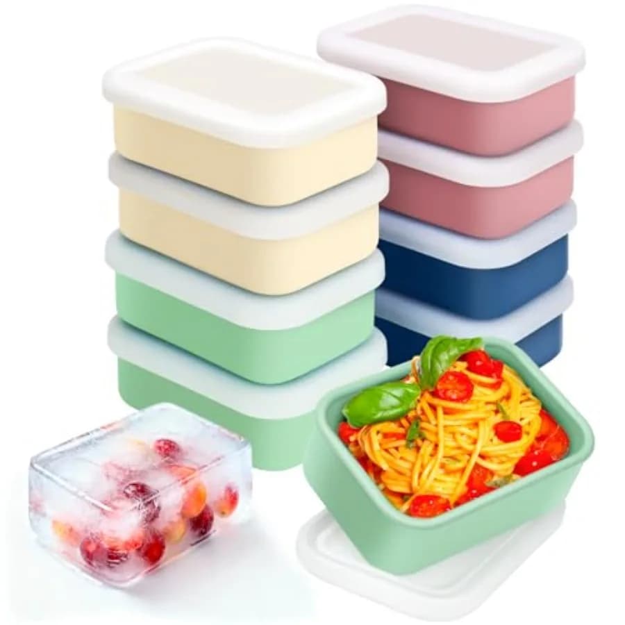 Set di 8 Stampi in Silicone per Freezer con Coperchio, Contenitori Riutilizzabili per Conservazione Alimenti