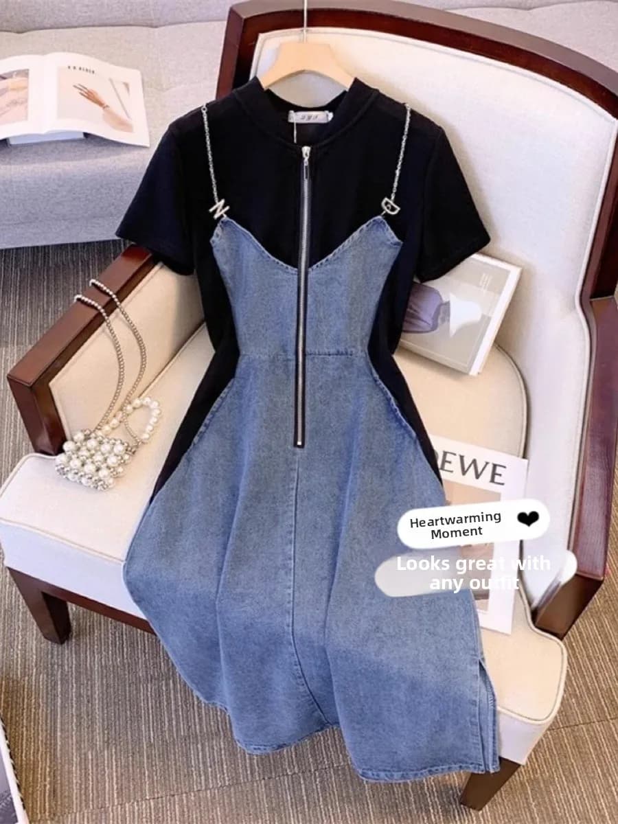 Abito estivo da donna taglie forti in denim patchwork con cerniera, design snellente e nascondente, set due pezzi alla moda