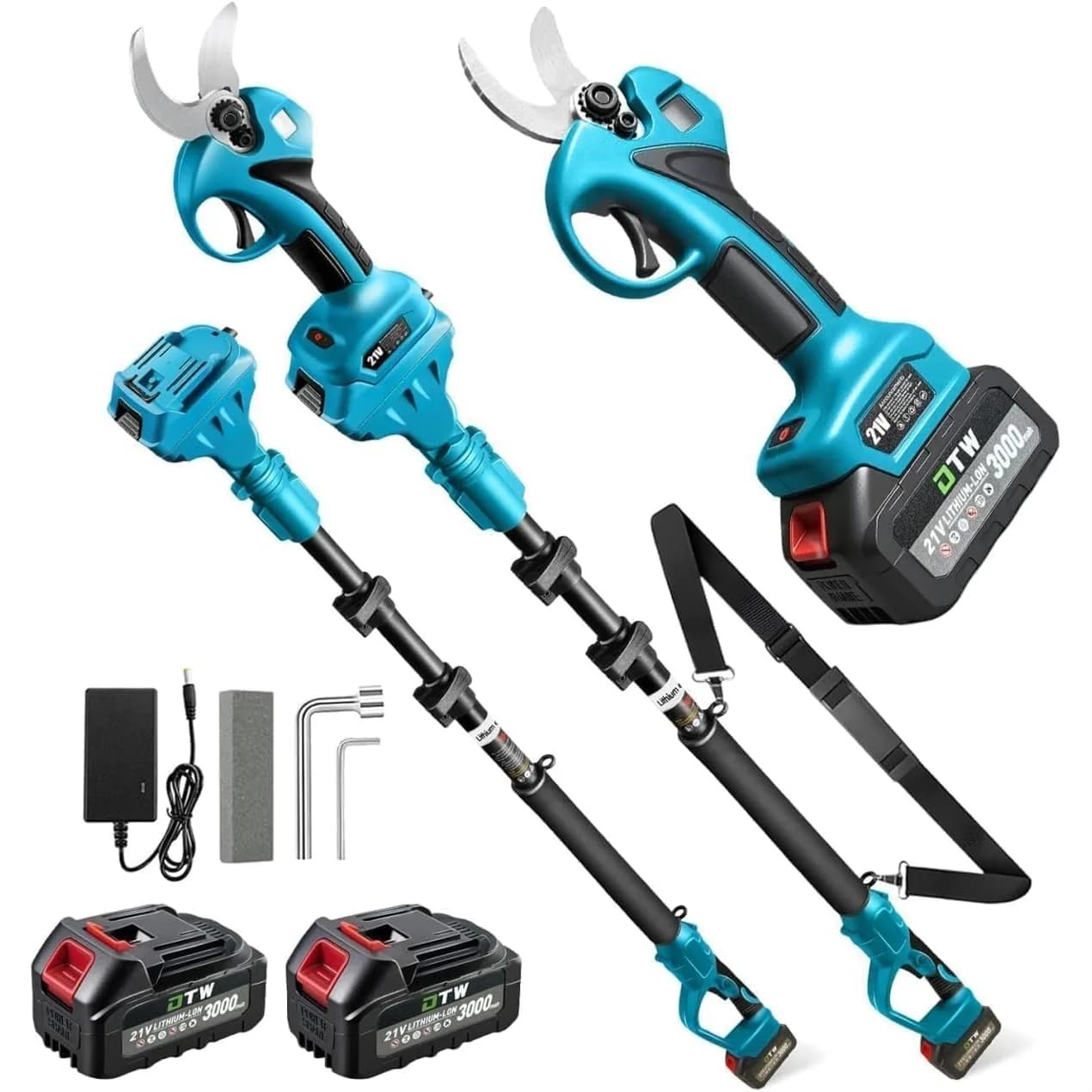 Forbici Elettriche da Potatura con Asta, Senza Fili 21V 2x3.0Ah, Display LCD e Lame SK7, Taglio Regolabile 15-30mm, 800W Brushless