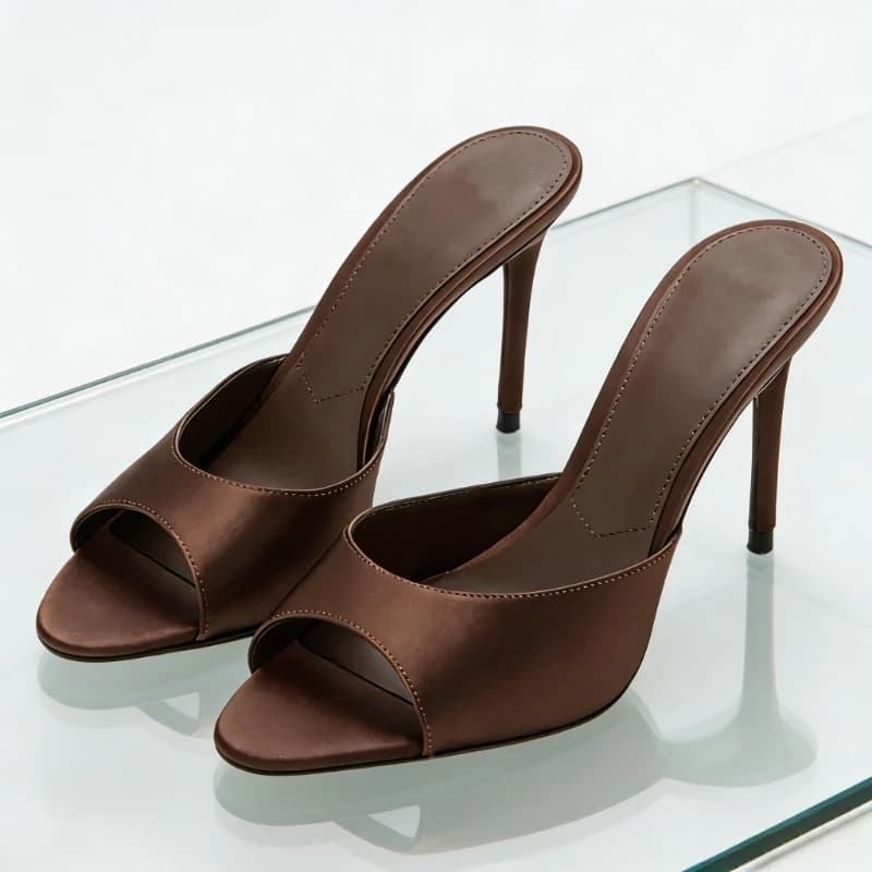 Retro Brown Satin Stiletto Slipper for Women Summer Sexy Open-toe Slide Sandals Elegant Commuting Office Shoes Zapatos De Mujer