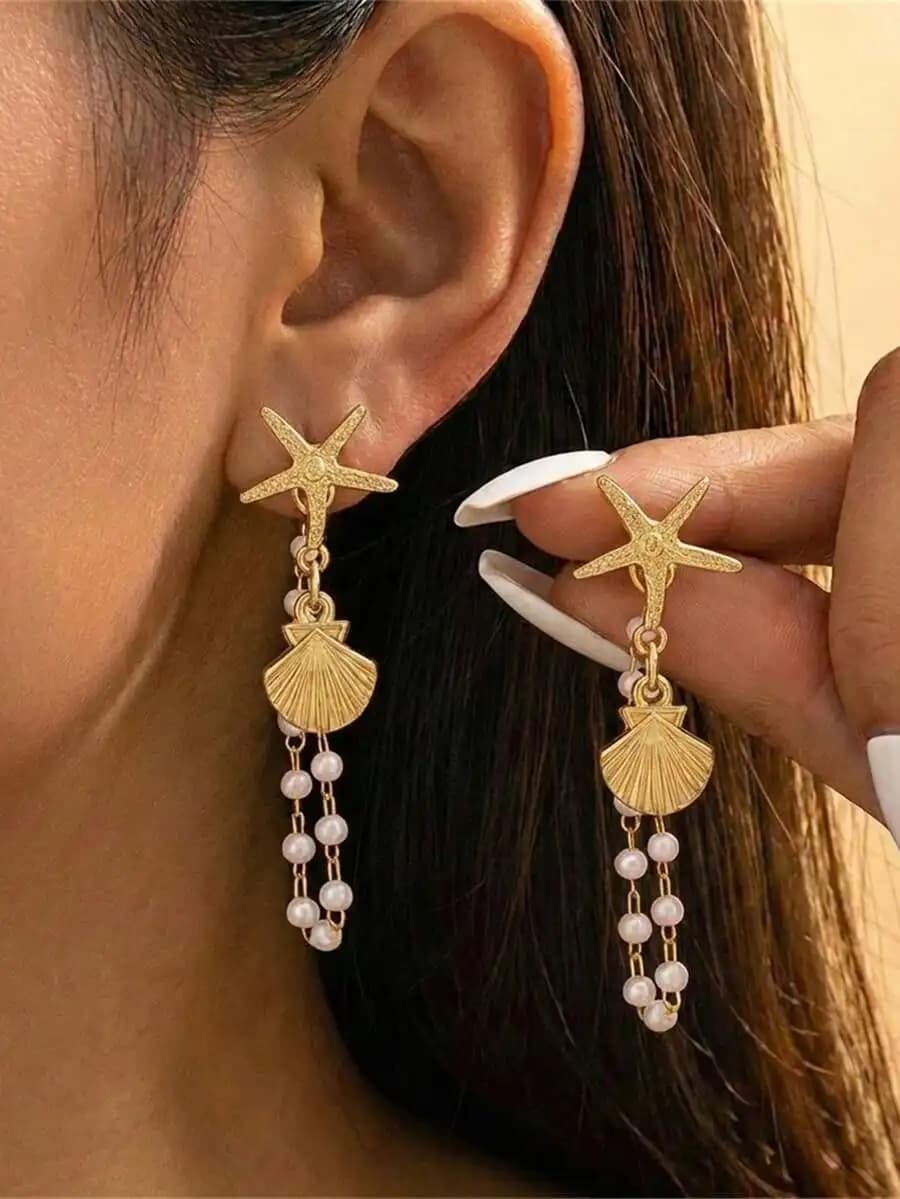 1 Pair Delicate & Fresh Women's Earrings, Random Design With Stars, Shells, And Pearl Beads, Suitable For Parties, Gifts, And Da