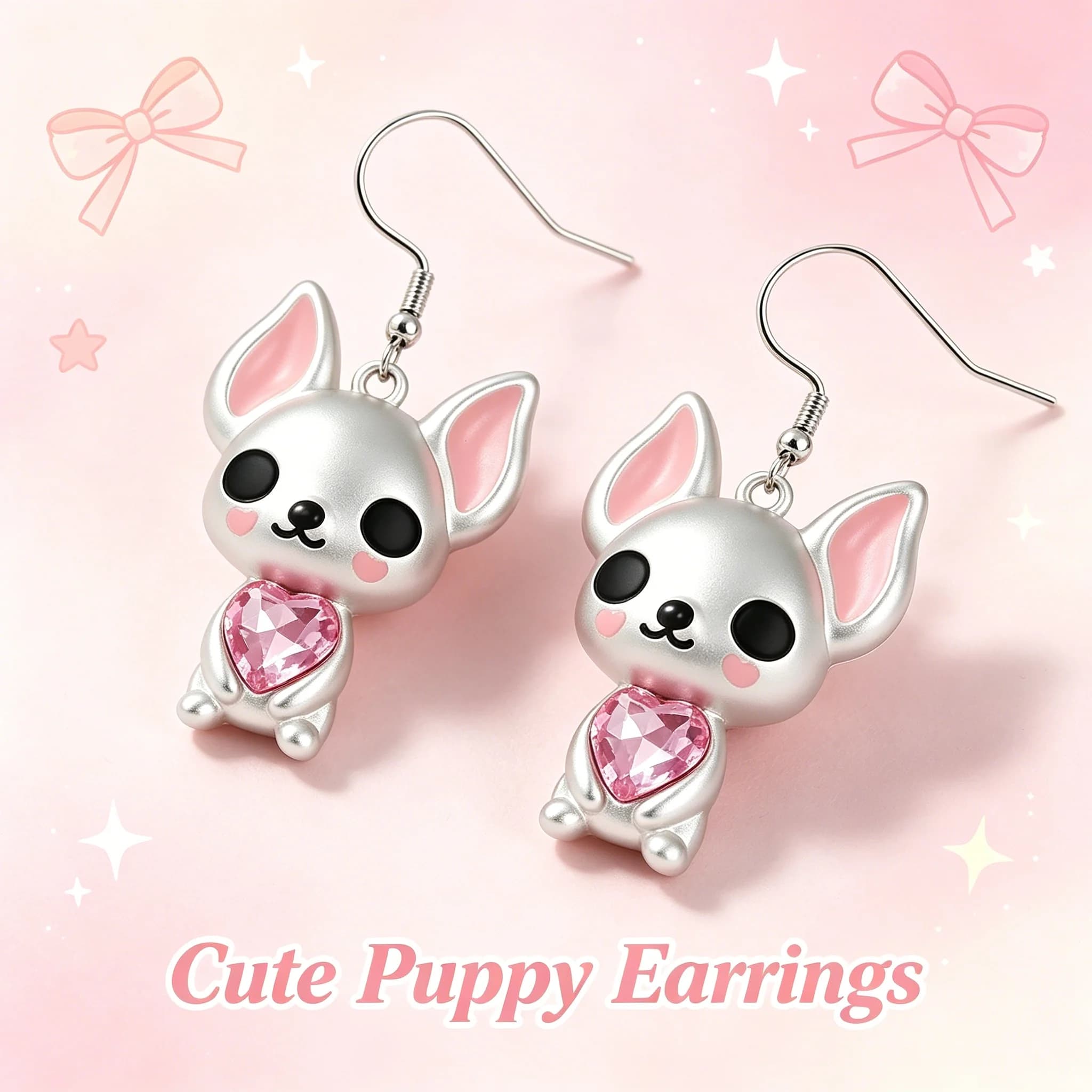 Orecchini pendenti a forma di cuore con simpatici cuccioli, accenti scintillanti a cuore rosa, adorabile gioiello a forma di animale, regalo per donne e ragazze