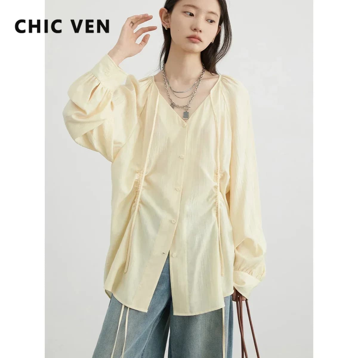 CHIC VEN Camicia Larga da Donna con Lacci, Nuova Collezione Coreana, Scollo a V, Plissettata, Maniche Raglan Lunghe, Blusa Femminile Primavera Estate 2026