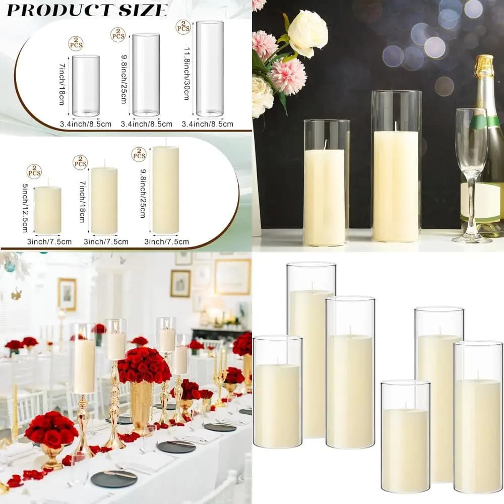 Set of 6 Candles in Column with Transparent Glass Cylinder Vases for Wedding Centerpieces: Ivory, Measures 3.4, 9.8, 11.8