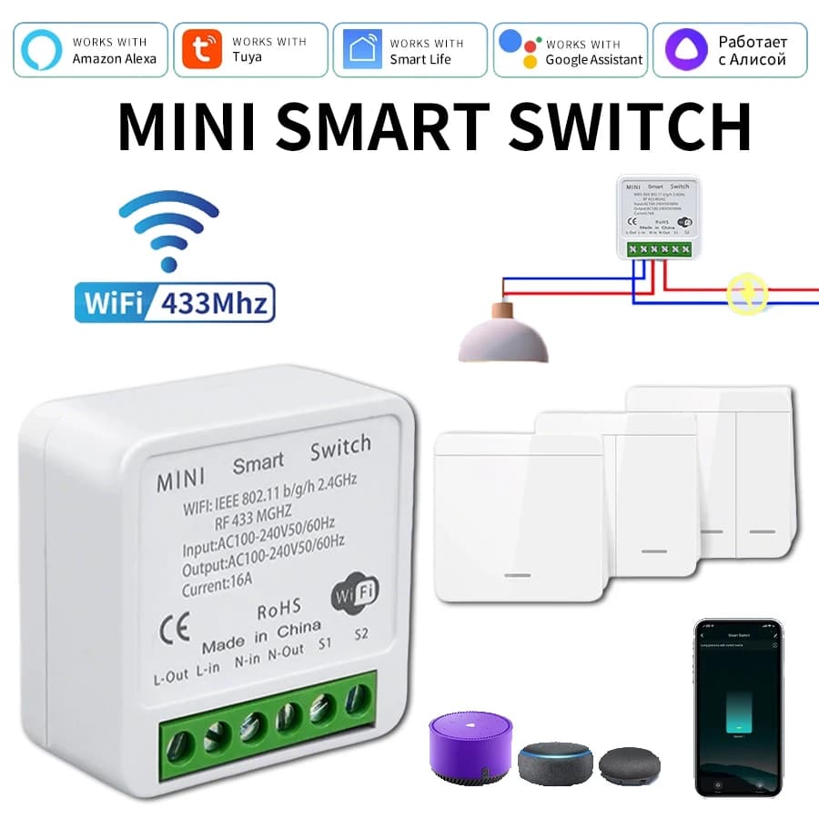 Interruttore Intelligente WiFi Tuya RF433 16A, Mini Relè Ricevitore, Modulo Interruttore Luce Smart Home Compatibile con Smart Life, Alexa, Google Home, Alice