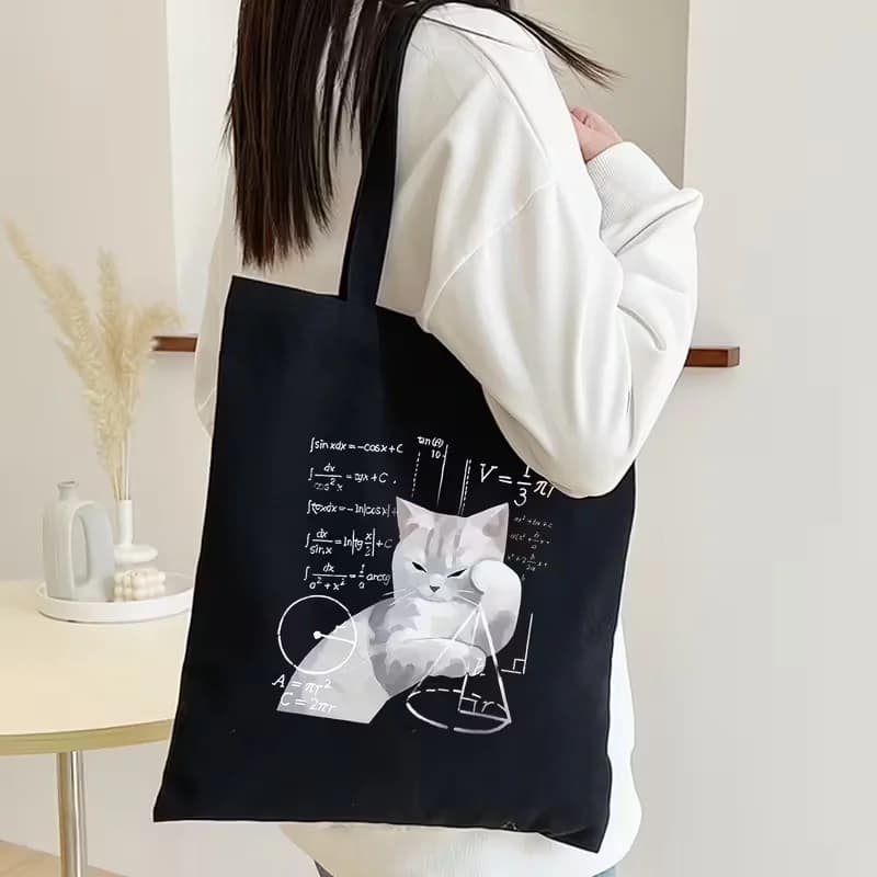 Borsa tote con stampa di simboli matematici a forma di gatto, borsa in tela alla moda da donna, borsa portaoggetti riutilizzabile ed ecologica per lo shopping e l'uso quotidiano