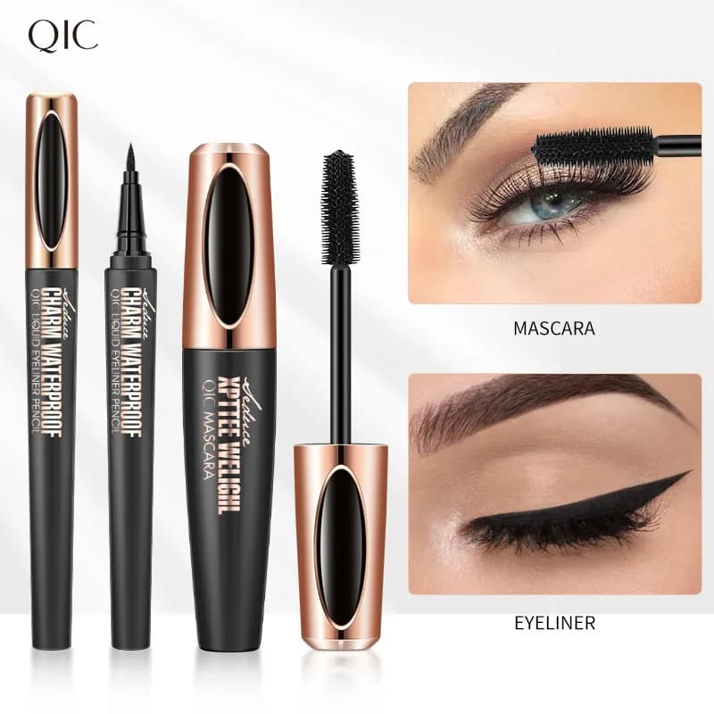 Set 2 in 1 Eyeliner e Mascara 4D Volumizzante Impermeabile e Incurvante Naturale per un Definizione Perfetta delle Ciglia - Combo Essenziale di Bellezza