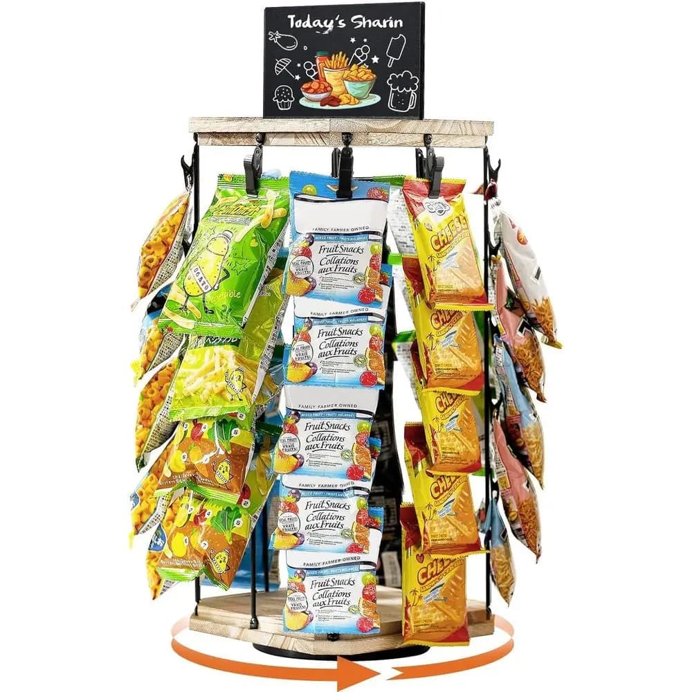 Espositore per chip rack, organizer per snack a 5 livelli e 40 clip per scrivania da ufficio, 360 ° Espositore per caramelle con base girevole in legno f