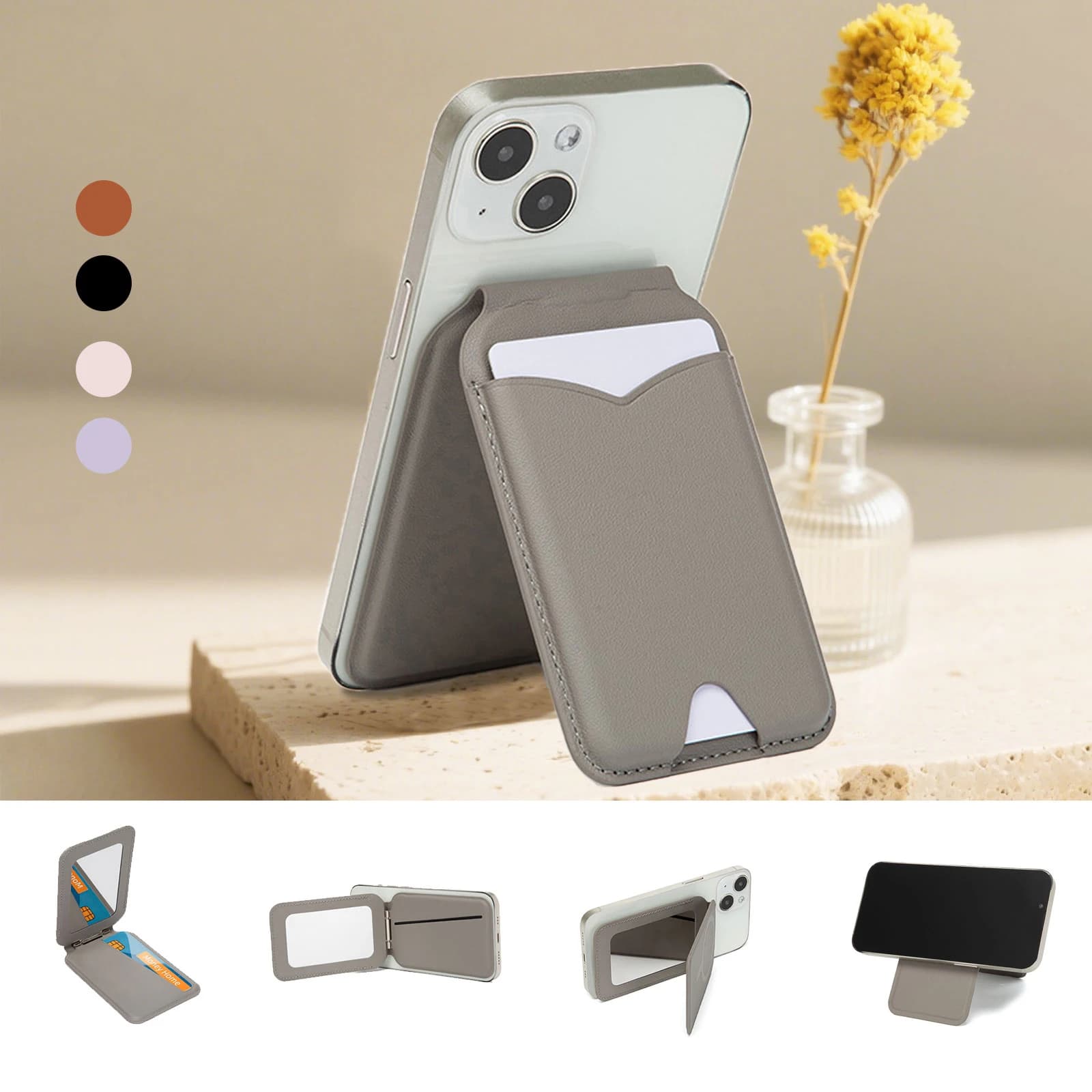 New Portable Magnetic Wallet Stand with Mirror Compatible with Magsafe Adjustable Kickstand PU Leather Card Holder Back of Phone
