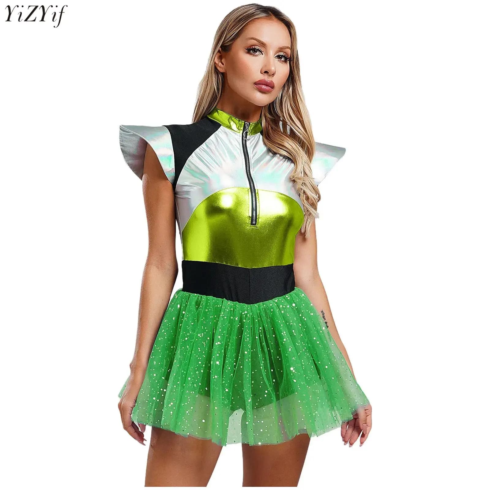 Costume da astronauta alieno da donna con paillettes metalliche, maniche volanti, gonna in tulle, pantaloncini da ragazzo, tuta per cosplay di feste a tema Halloween