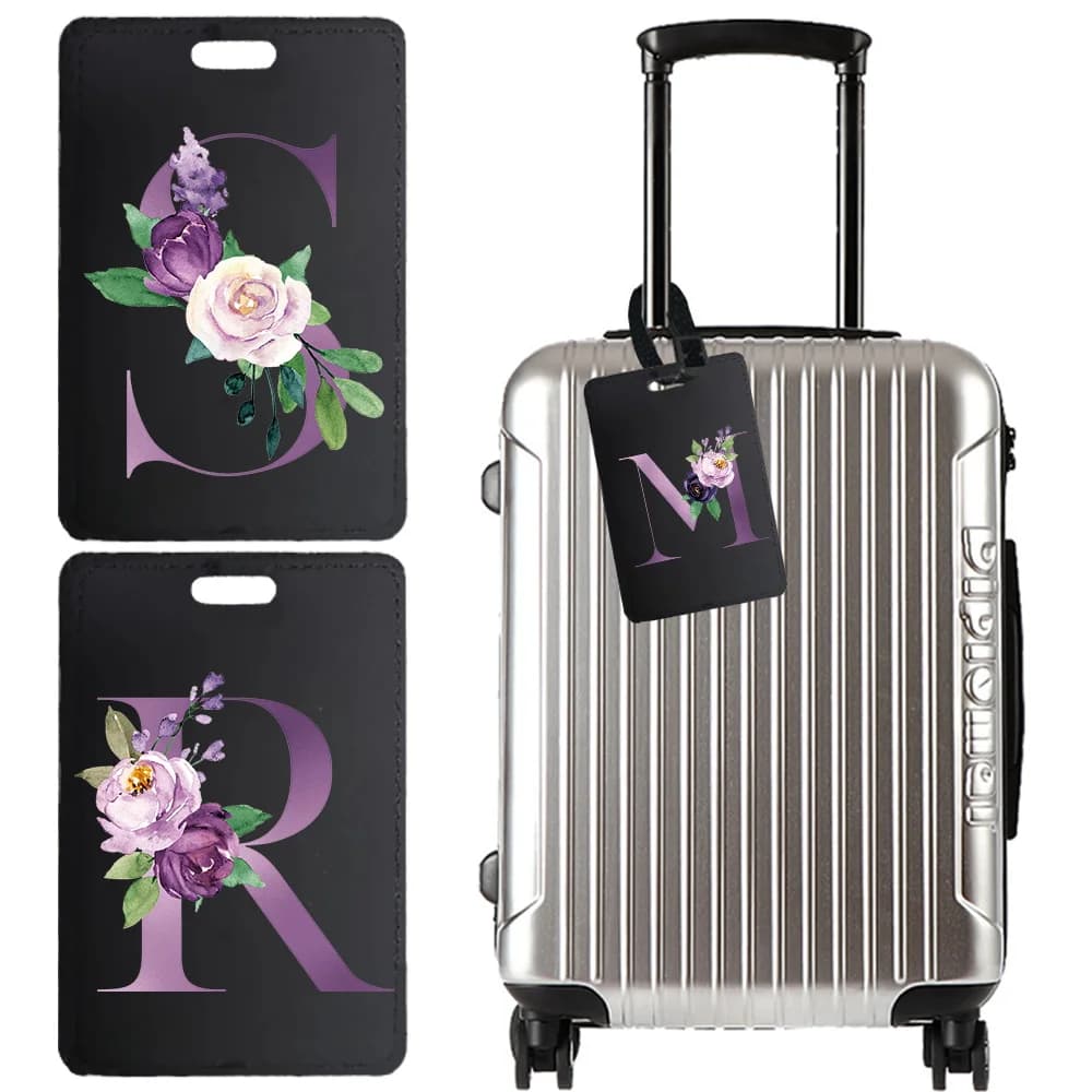 Pu Retro-Chic Etichetta per bagagli Porta biglietti e passaporto in pelle Etichette per valigie creative Accessori da viaggio Modello di lettera viola