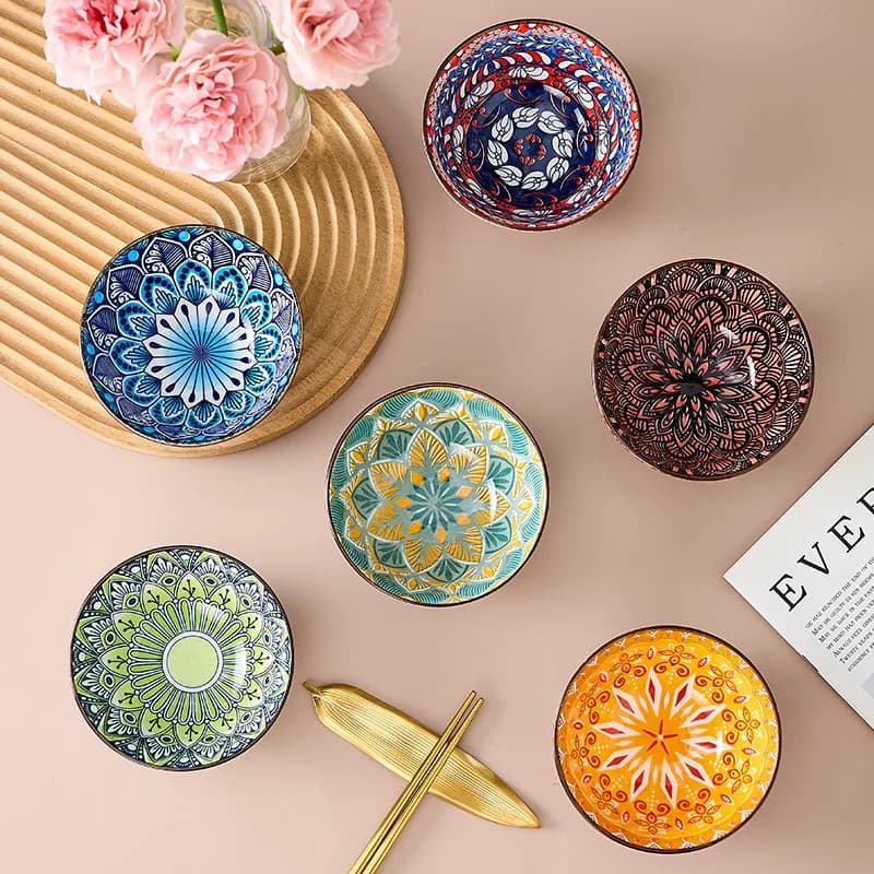 6-Piece Bohemian Mandala Ceramic Bowls - Dishwasher & Microwave Safe, Perfect for Cereal, Soup, Pasta, Salad, Ice Cream bowls