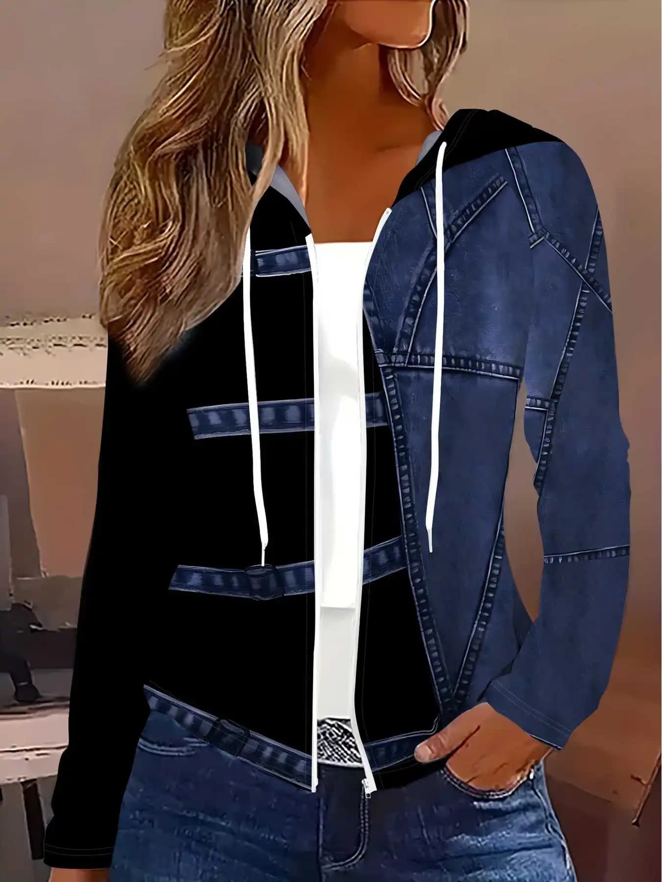 Giacca casual da donna con design stampato in denim patchwork e cappuccio, stile primaverile e autunnale.
