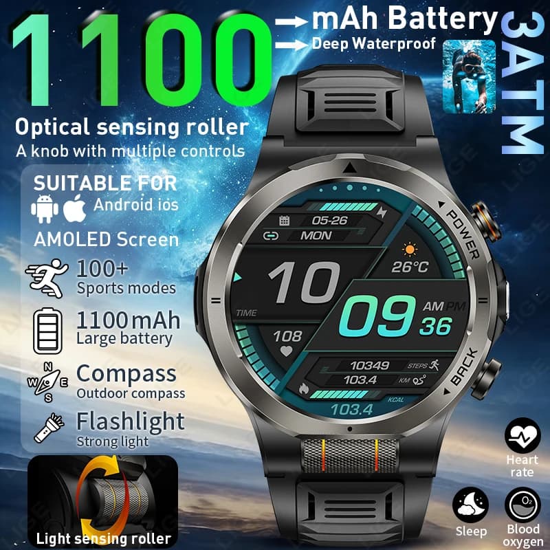 Sports Smart Watch 1100mAh Battery New 1.43” AMOLED LED Flashlight Fitness Tracker BT Call 3ATM Waterproof Health Smartwatch Men