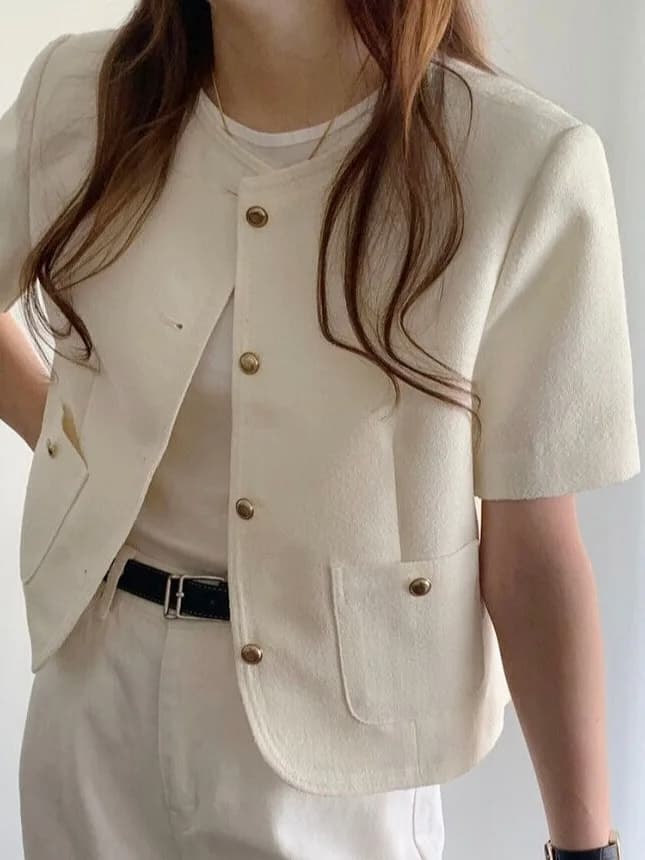 Chic Korean Style round Neck Short Sleeve Single Button Women's Jacket Elegant Minimalist Open Cardigan Top for Summer
