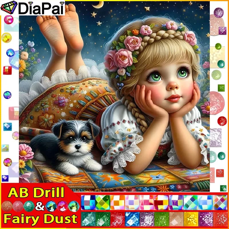 DIAPAI Fairy Dust AB Full Diamond"Girl Dog Flower"DIY 5D Diamond Painting Cross Stitch Home Decor Picture Of Rhinestone Handmade
