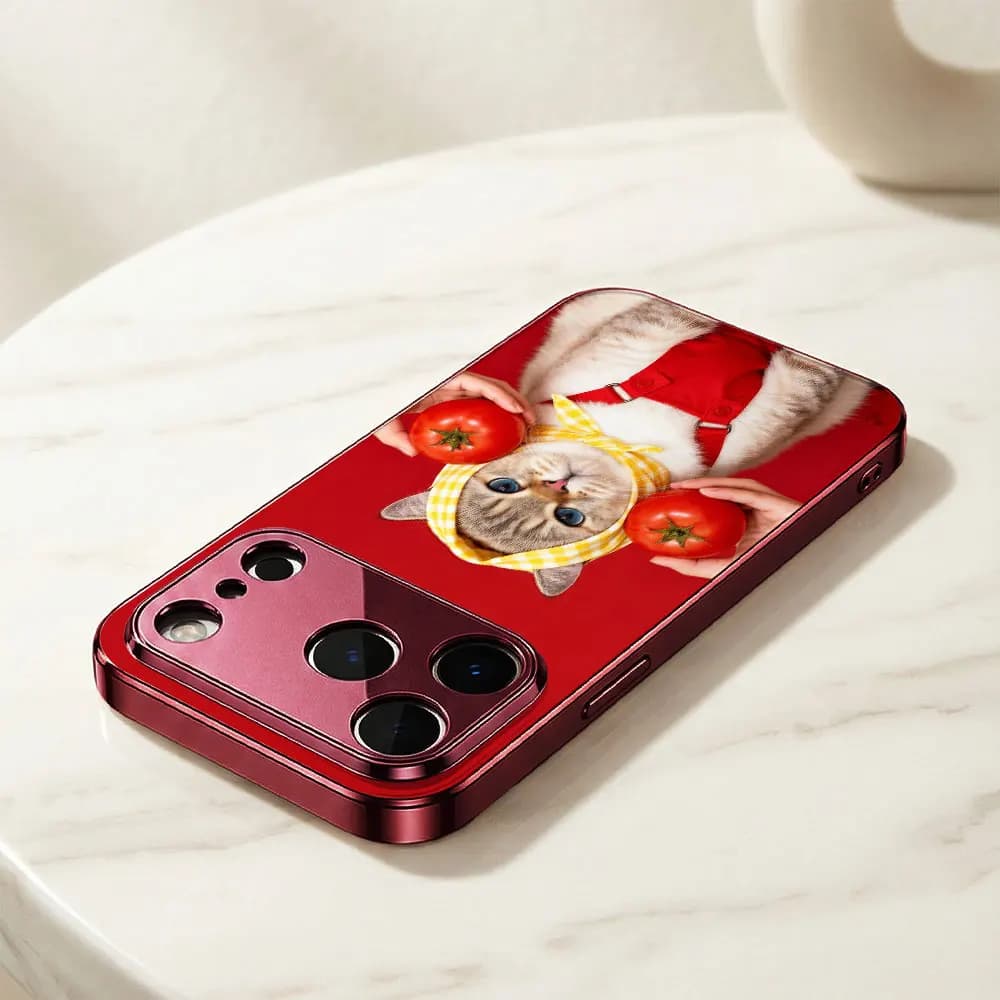 ECOCASE Cover per iPhone 17 16 15 14 13 12 11 Pro Max 16E, guscio in vetro elettroplaccato rosso, con motivo Gatto Pomodoro e Grembiule
