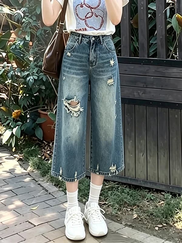Retro Blue Hole Wide Leg Pants Women's Summer New Loose Slim Small Size Eight Straight Jeans High Waist Button Closure