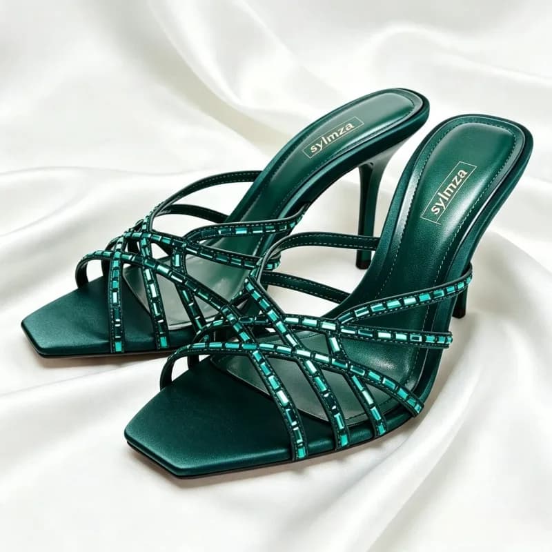 Sandali con Tacco Blu Pavone Unici con Dettagli in Cristallo, Sandali da Donna alla Moda con Cinturino Incrociato e Punta Quadrata, Scarpe di Lusso Firmate