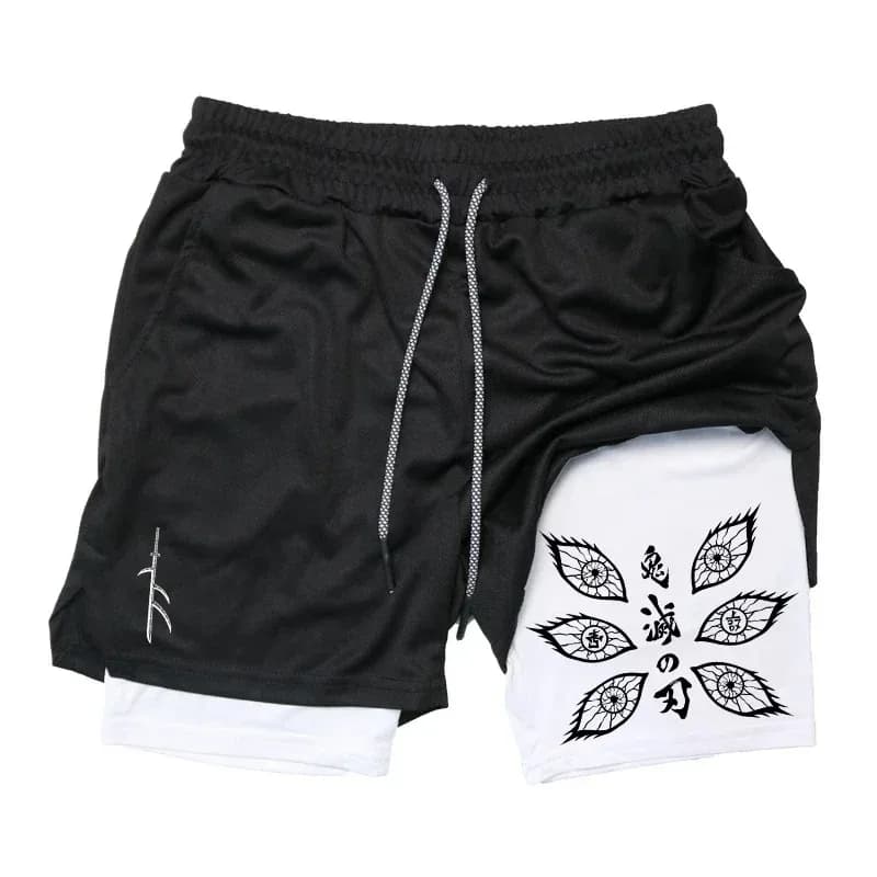 New Demon Slayer Anime Kibutsuji Muzan Printed Double Shorts Man Summer New Gym Sports Cycling Hiking New 2Shorts-in-1