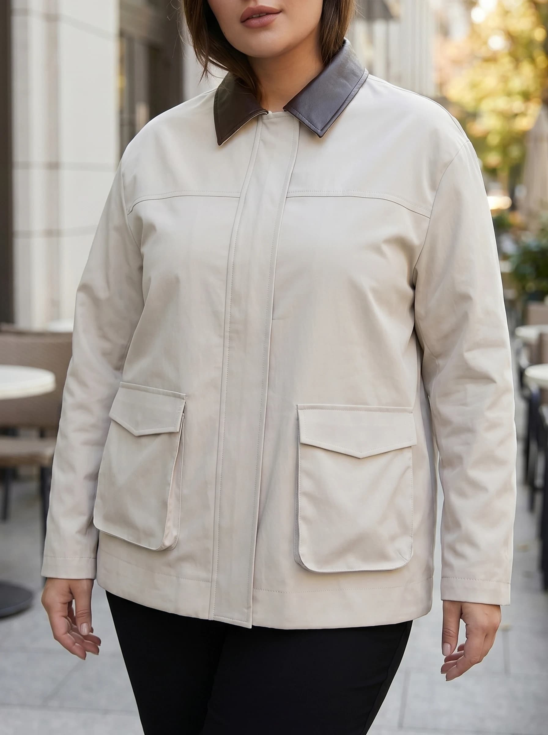 Gadinus Plus Size Women's Contrast Collar Jacket Casual Long Sleeve Loose Fit Coat Autumn Winter Pocket Outerwear