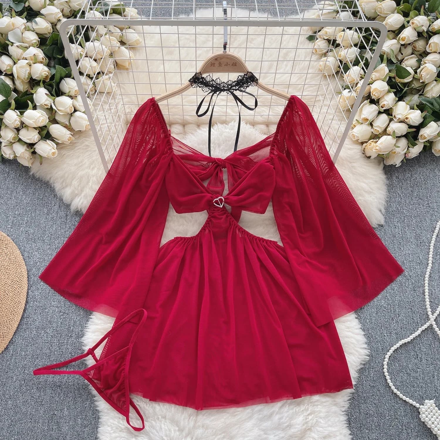 Abito sexy in rete scavata da donna Costumi da bagno trasparenti A Line + infradito 2025 Mini camicia da notte sensuale porno erotico trasparente