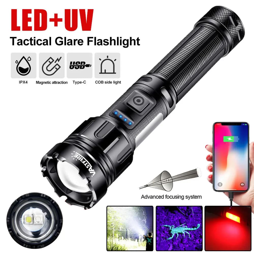 Torcia LED 3in1 con luce laterale COB Torcia magnetica ricaricabile Zoom Torcia a luce ultravioletta impermeabile per campeggio animali domestici