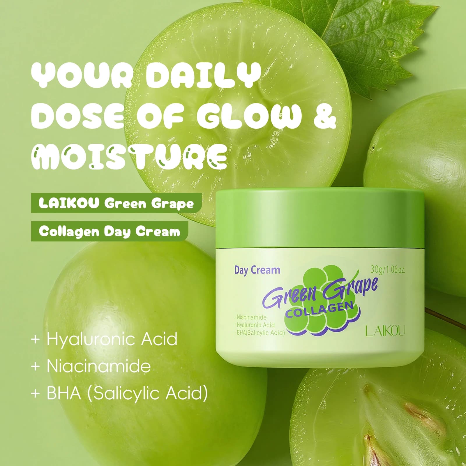LAIKOU Crema Giorno al Collagene e Uva Verde 30g, Idratazione Tutto il Giorno Non Unta per Pelli Miste e Grasse con BHA e Ceramidi