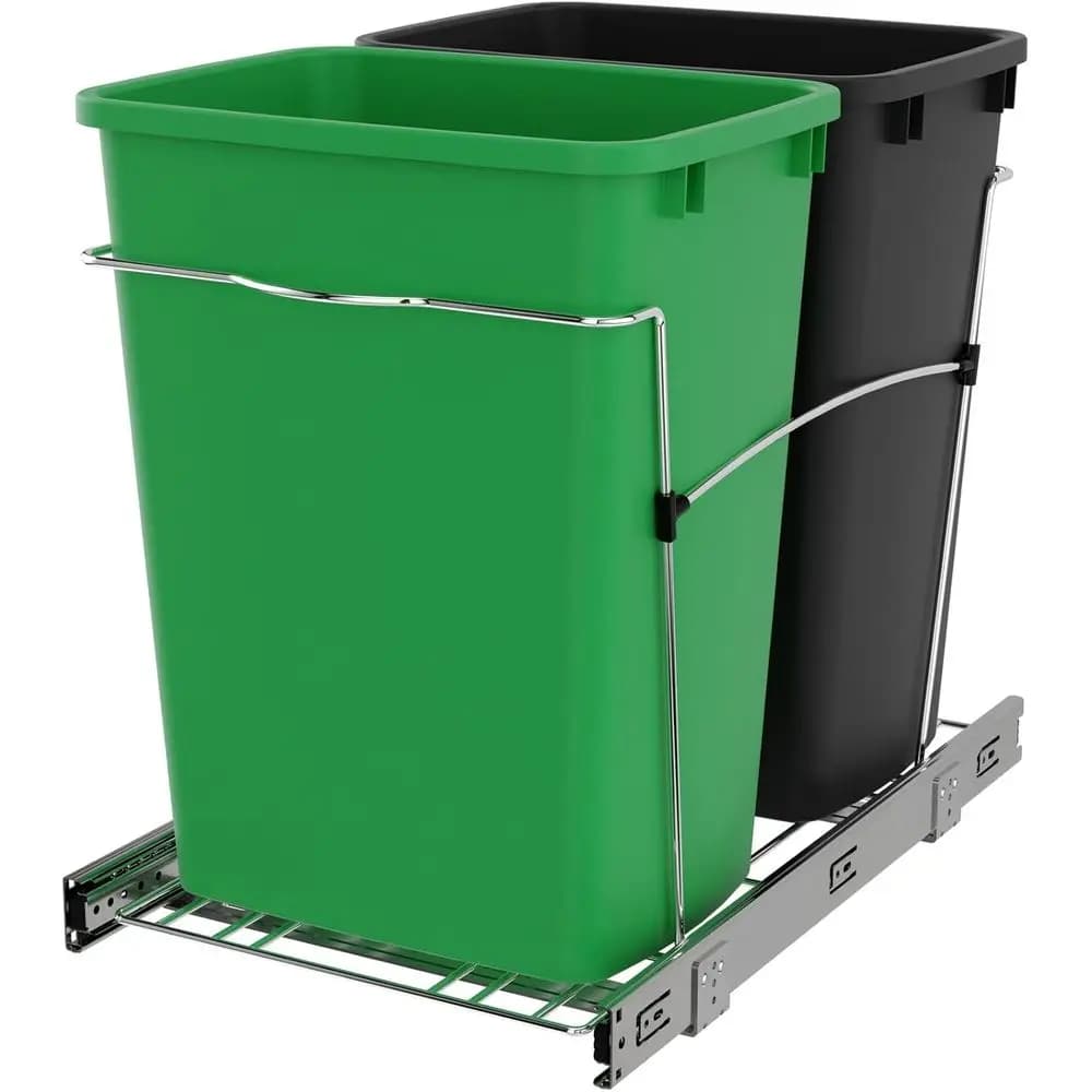 Cestino per Rifiuti a Doppia Cassetta Estraibile, Contenitore per Riciclaggio da Cucina da 35 Litri con Coperchio Verde/Nero, su Guide Scorrevoli Complete