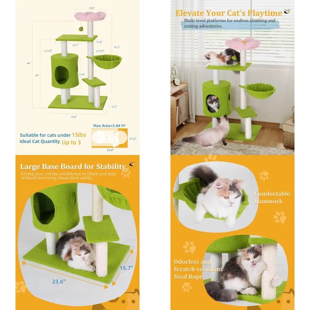 Albero per gatti da interno verde 41,2 con 3 tiragraffi, piccola torre, grotta accogliente, amaca e letto persico per gattini