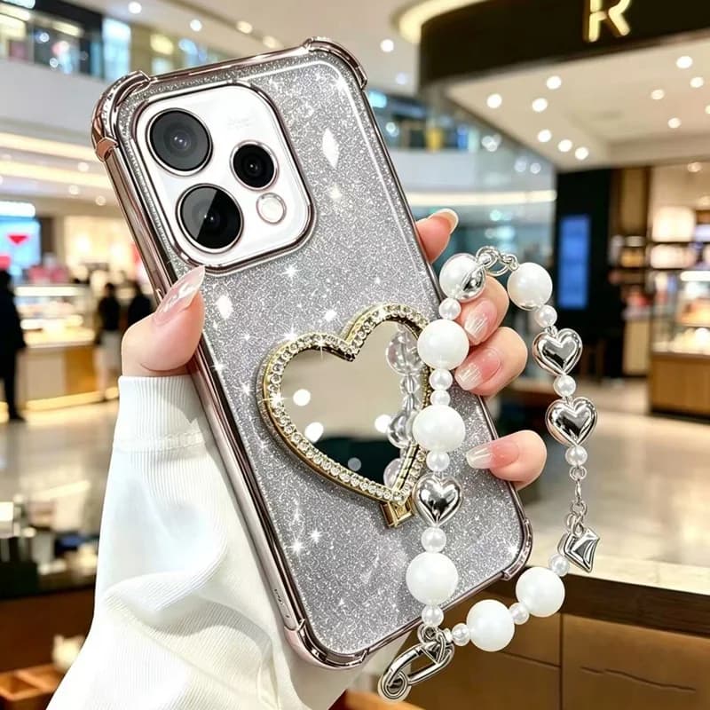 Bracelet Glitter Heart Mirror Holder Stand Case For Xiaomi 17T Pro 14T 13T 12T 15T 17 Pro Max 15 Ultra Shockproof Bracket Cover