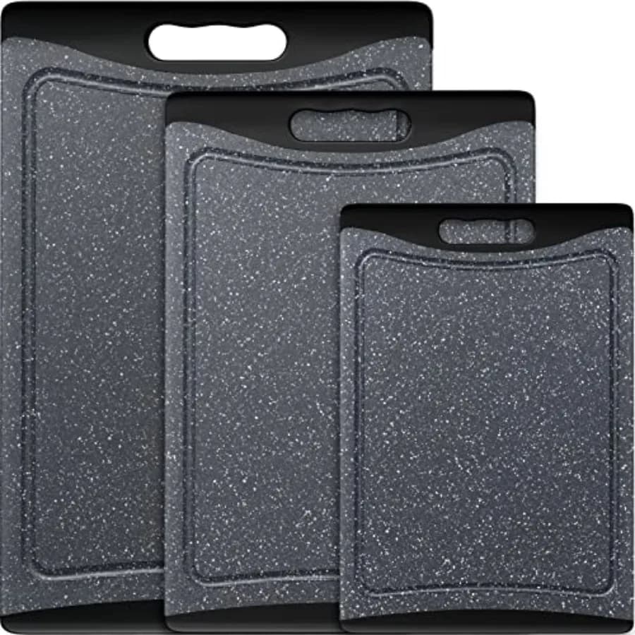 Kitchen plastic cutting boards set 3 pcs,extra large with juice grooves and easy-grip handles, dark grey, dishwasher safe