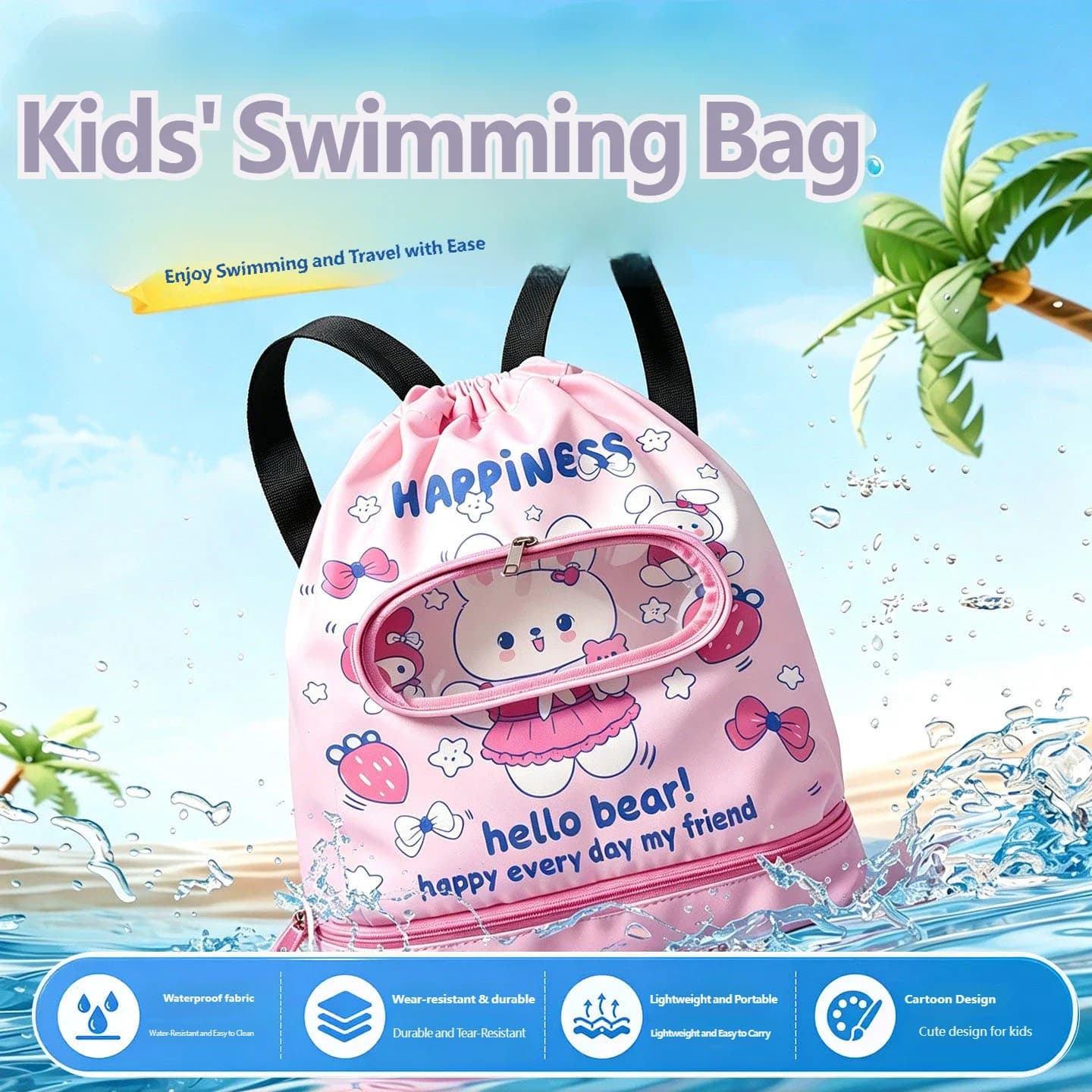 Cartoon children's swimming backpack with dry wet separation design, waterproof drawstring bag, children's beach fitness bag