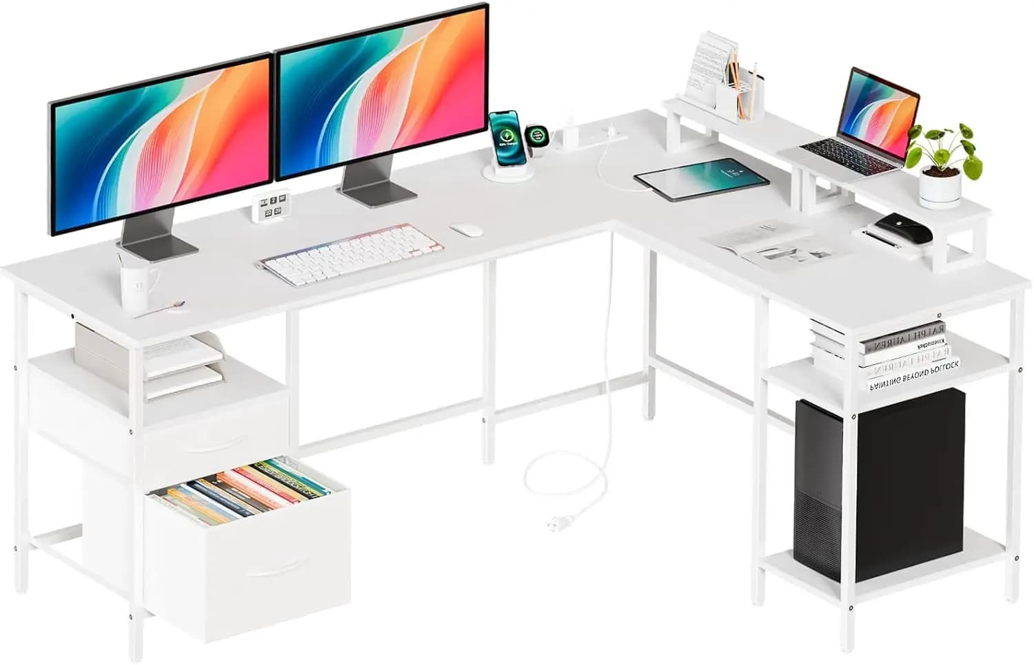 62 Pollici L Gaming Desk with Charging Station, Monitor Supports, Cassettes and Adjustable shelves for Home Office