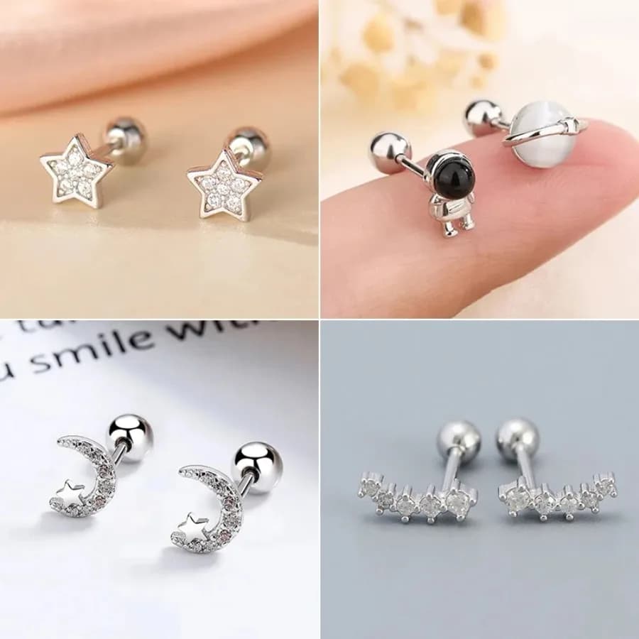 Korean Creative Zirconic Astronaut Piercing Screw Ball Stud Earrings For Women Girls Simple Moon Star Party Jewelry Accessories