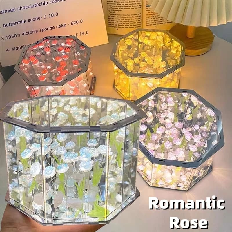 DIY Tulip Mirror Cube Lamp Simulation Flower Bedroom Sleeping Table Lamp Handmade Craft Rose Mirror Night Light Birthday Gifts