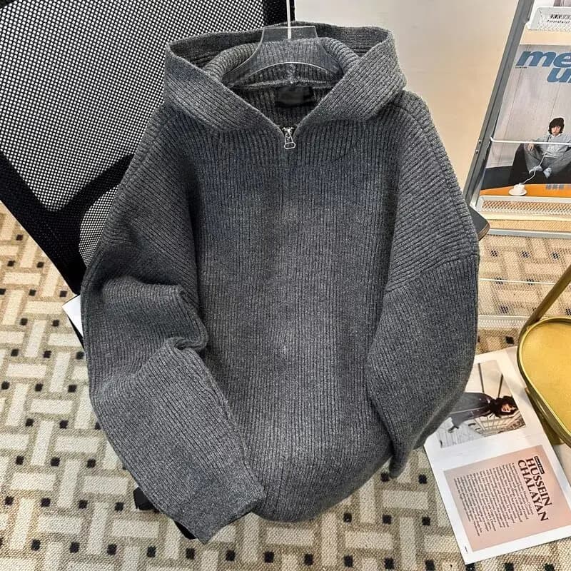 Maglione con cappuccio e cerniera pull-over, versatile giacca in maglia da uomo, cardigan autunnale e invernale da uomo