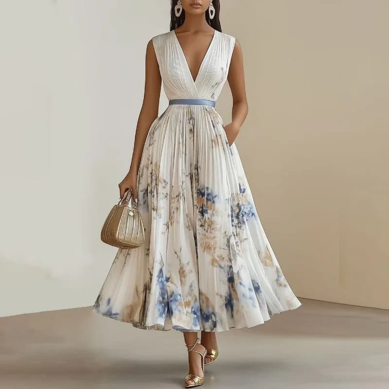 Women Deep V Neck Sleeveless Pleated Floral Print Midi Dress Waist Belt Pocket Party Dress