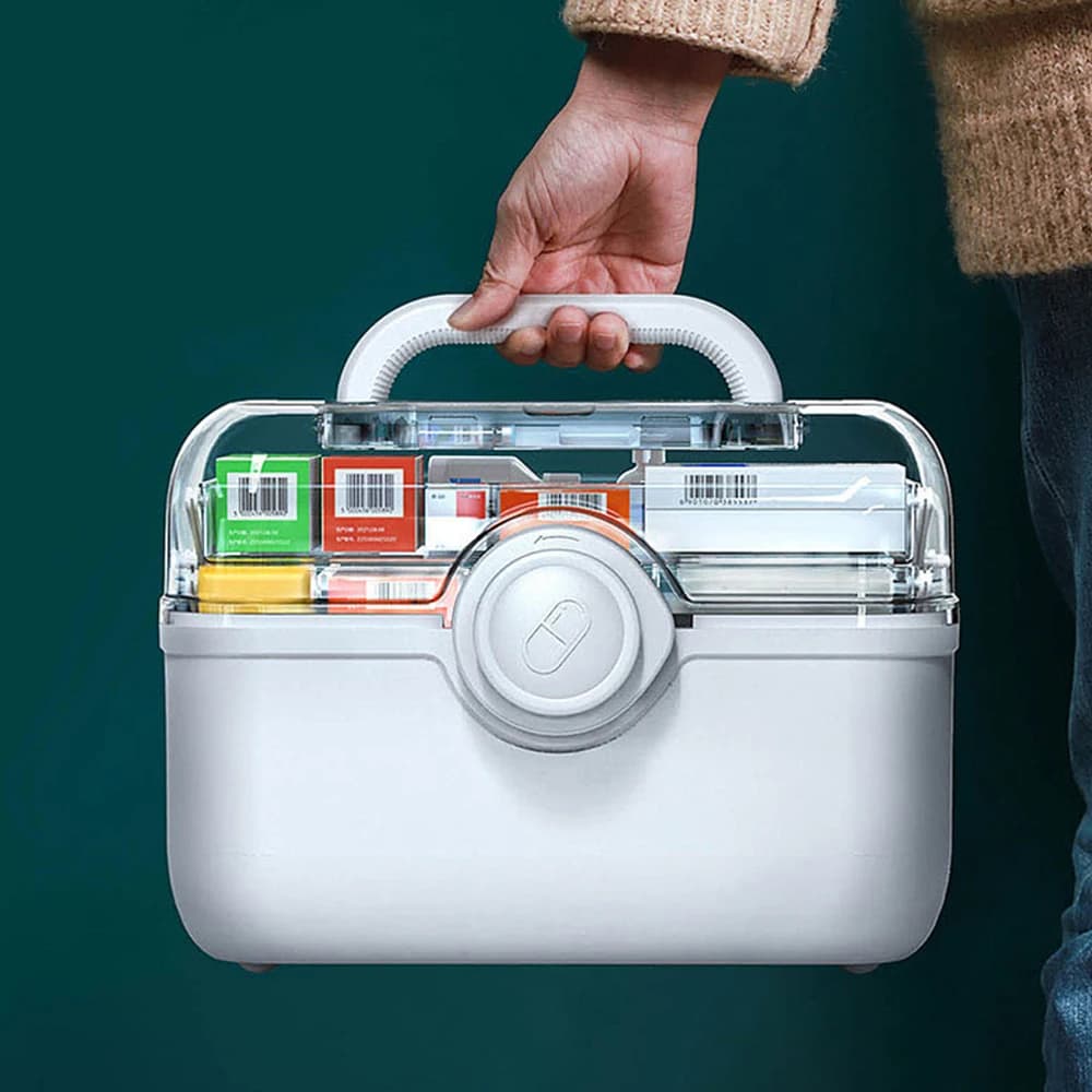 Organizzatore di medicinali per famiglie di grande capacità Scatola di immagazzinaggio a 3 strati Kit di pronto soccorso portatile Contenitori per medicinali Cassetta degli attrezzi pieghevole per la casa