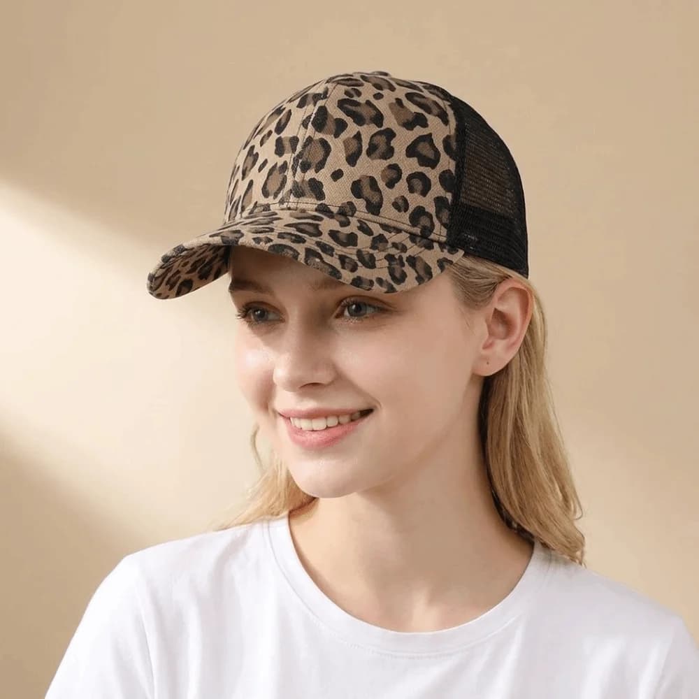 Casual Adjustable Leopard Print Baseball Cap Breathable Sunscreen Visor Hat Soft UV Protection Mesh Peaked Hat Unisex